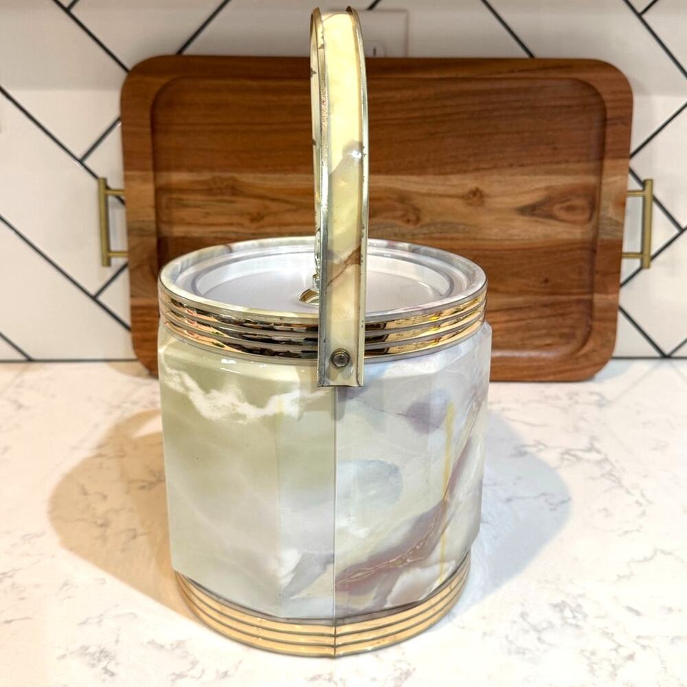 vintage mid-century modern insulated ice bucket faux-marble vinyl outer finish - Picture 4 of 15